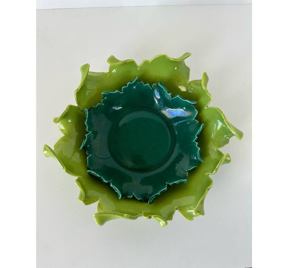 Vintage Johannes Brahm California Art Pottery green Center console bowls, 2 pcs